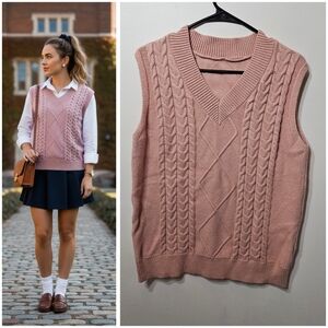 Pink Cable Knit Sweater Vest | Cottagecore Academia Preppy | Size L